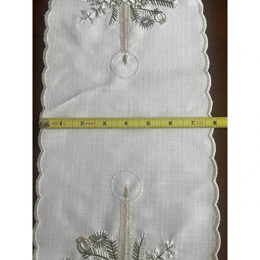 Vintage Christmas Embroidered Dresser Scarf 18x8 Candle Evergreen Floral Linen
